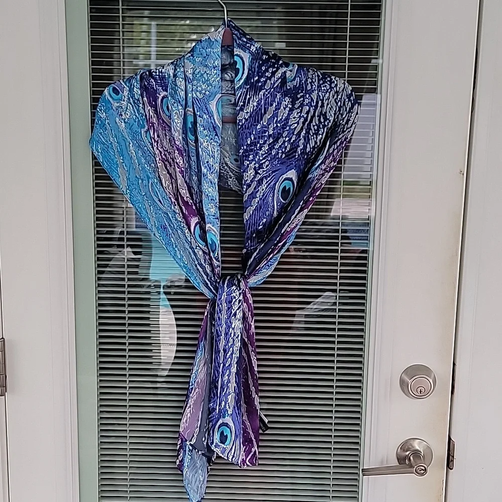 Cynthia Rowley Peacock Print Silk Scarf 70 In. Long 20 In. Wide